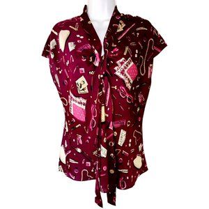 TALBOTS 14P Burgundy w/ Accessories Print Silk Blouse Cap Sleeves Tie at Neck